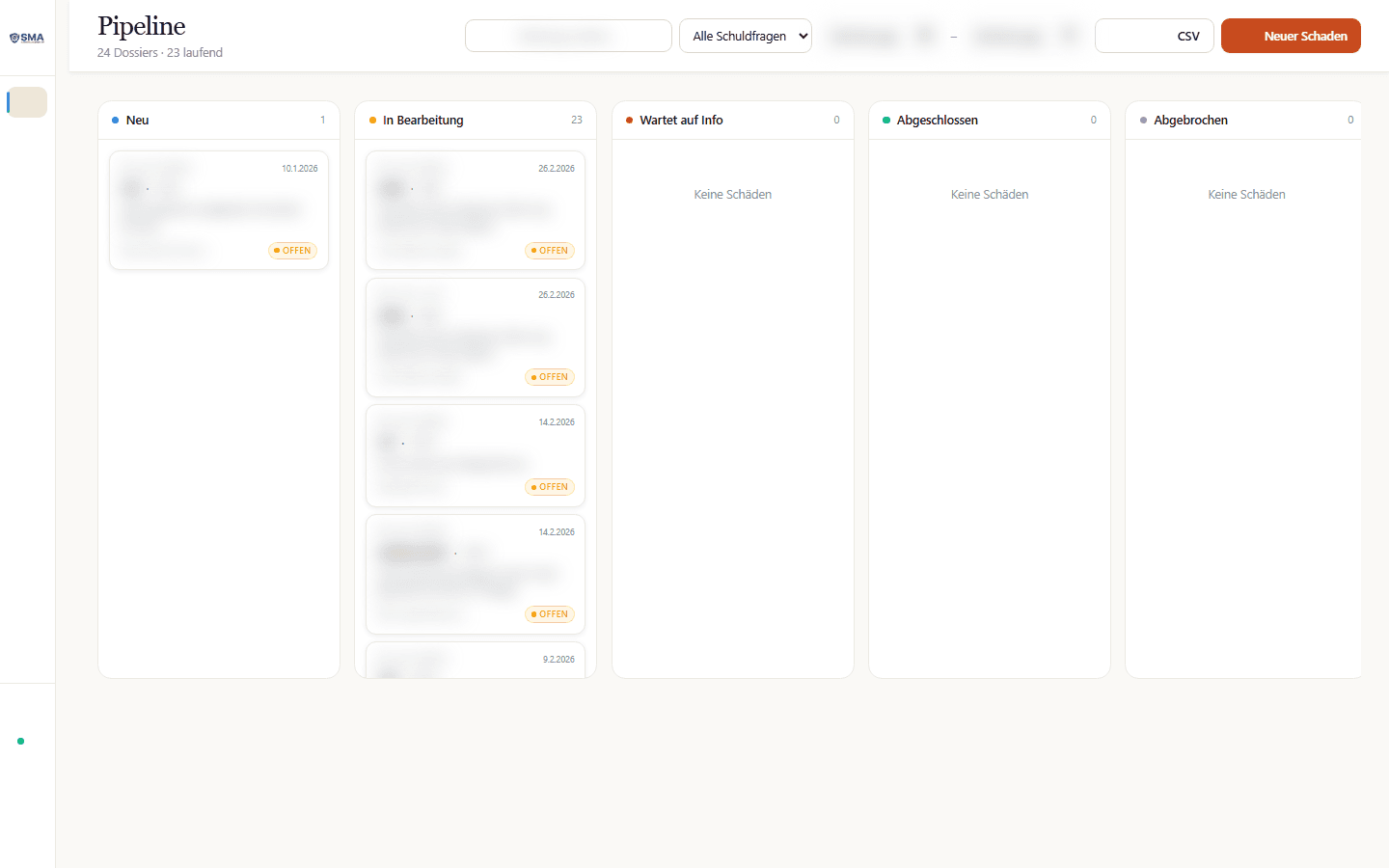 SMAA Disponenten-Dashboard: Kanban-Pipeline mit 24 Schadendossiers