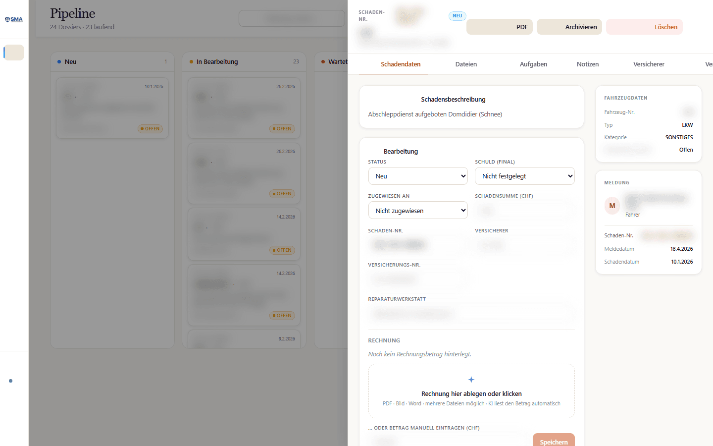 SMAA Disponenten-Ansicht: auto-übersetzter Schadenfall mit allen Details