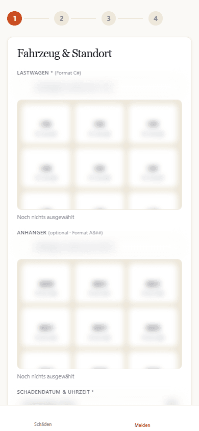 SMAA Fahrer-App: Schadenmeldung Schritt 1 — Fahrzeug und Standort