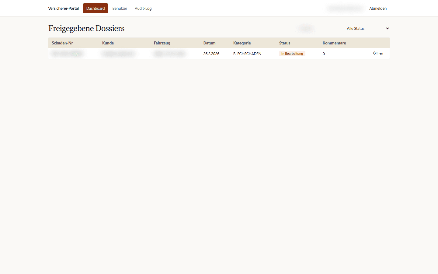 SMAA Versicherer-Portal: freigegebene Dossiers mit Status-Workflow